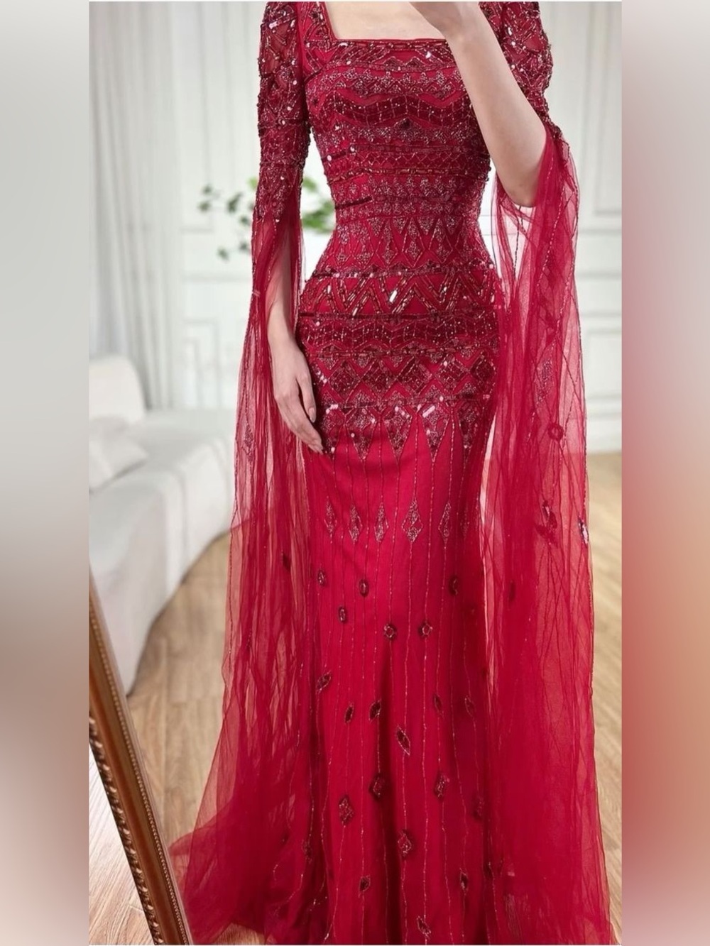 Luxury Wine Red Evening Dress with Cape Sleeves